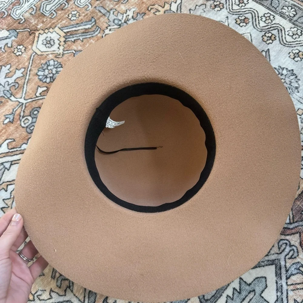 Camel Wide Brim Hat Black Feather Trim Boho Free People Look
